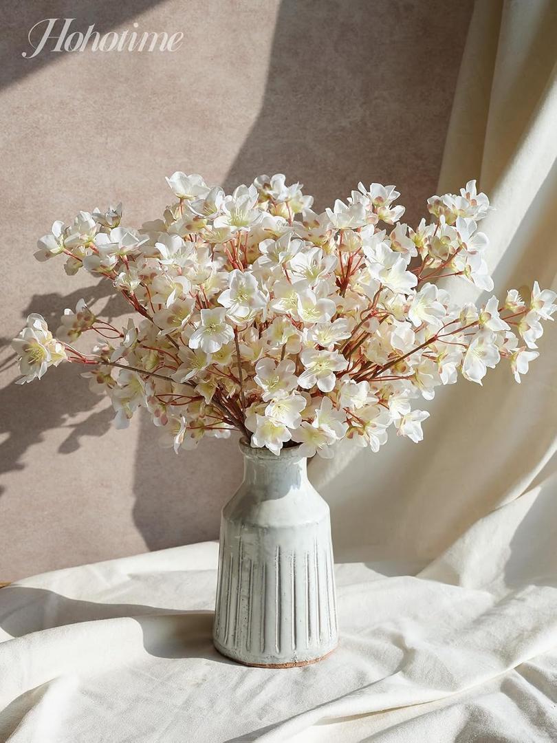 HOHOTIME Artificial Cherry Blossom Branches, 8Pcs 16" Silk Fake Flowers, Faux Sakura Peach Bouquet for Home Wedding Spring Party Decor, Japanese Garden Bedroom Table Centerpiece Decoration (White)