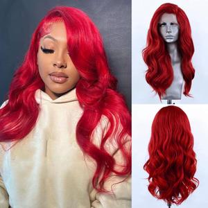 RONGDUOYI Red Lace Front Wig 13x4 Long Body Wave Synthetic Hair for Women 24Inches Glueless Free Part Natural Hairline Daily Use Cosplay Party Wigs