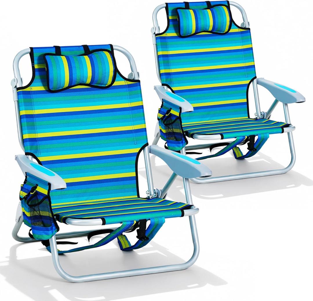 2PCS Portable Beach Chair for Adults, Outdoor Lightweight Camping Chair, 5-Position Lay Flat Reclining Backpack Beach Chair with Headrest, Cup Holder, Zipper Pouch & Storage Pocket, Striped