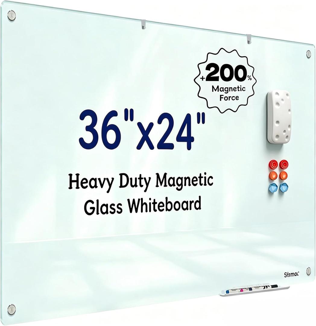 Magnetic Glass Dry Erase Board - 36'' x 24'' Whiteboard White Writing Board Nano-Coated Tempered Glass Marker for Wall Office School and Home