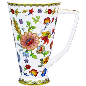 Bone China Coffee Mug Tall Coffee Cup - 17 oz Floral Tea Mug - Dishwasher and Microwave Safe Mug Floral Coffee Tea Cup Gifts for Women Mom Birthday Christmas (Red)