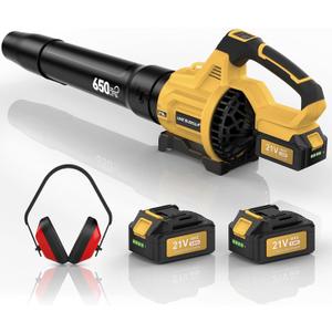 Leaf Blower Cordless,650 CFM & 160 MPH Electric Cordless Leaf Blower with 2 * 4.0Ah Batteries & Noise-Reduction Ear Muffs,3 Speed Powerful Blowing Ideal for Lawn Care, Blowing Leaves, Dust, Snow (Yellow)