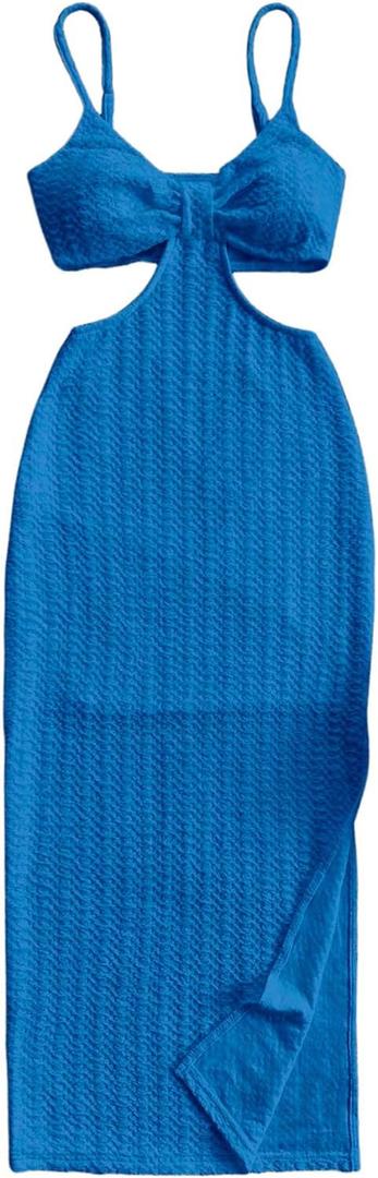 SHENHE Women's Vacation Sexy Cutout Waist Split Camisole Textured Bodycon Summer Dress (Royal Blue, Size XS )