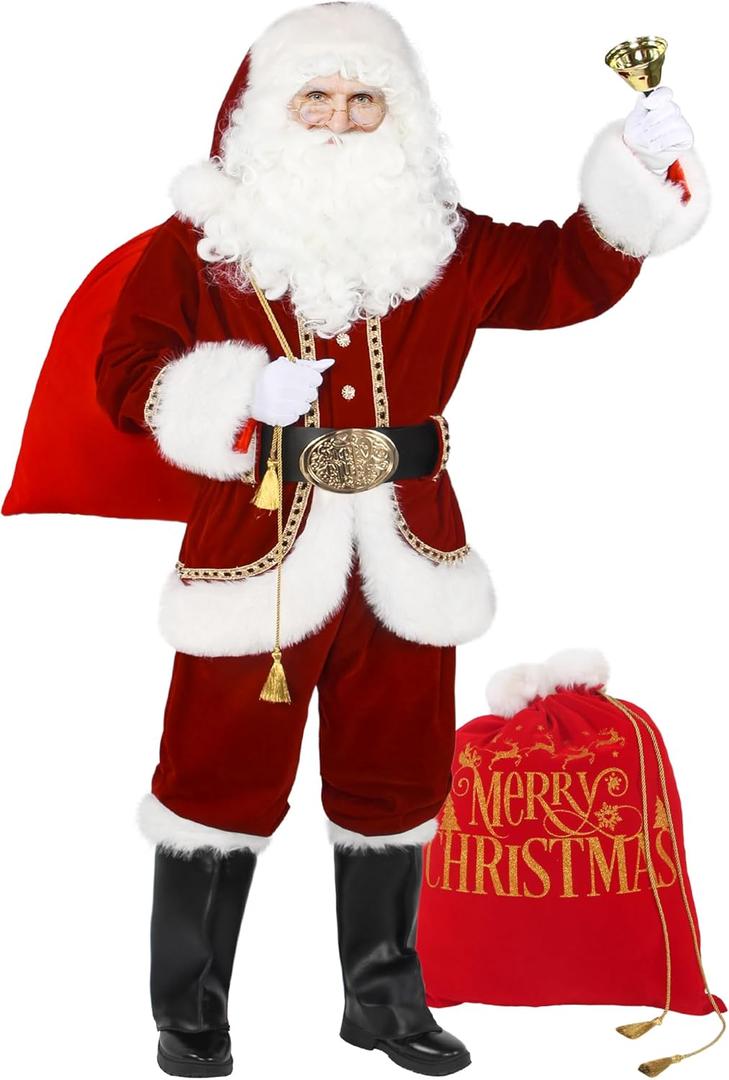 Santa Claus Costume for Men, 11pcs Deluxe Professional Christmas Velvet Santa Adult Suit Xmas Red Plus Size Outfit Set (3X-Large)