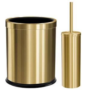 Maxdot 2 Pcs 2.6 Gallon/10 L Gold Bathroom Trash Can with Flip Lid and Toilet Brush Set, Stainless Steel Garbage Trash Can with Toilet Bowl Cleaner for Home Office Hotel Bathroom Bedroom Kitchen