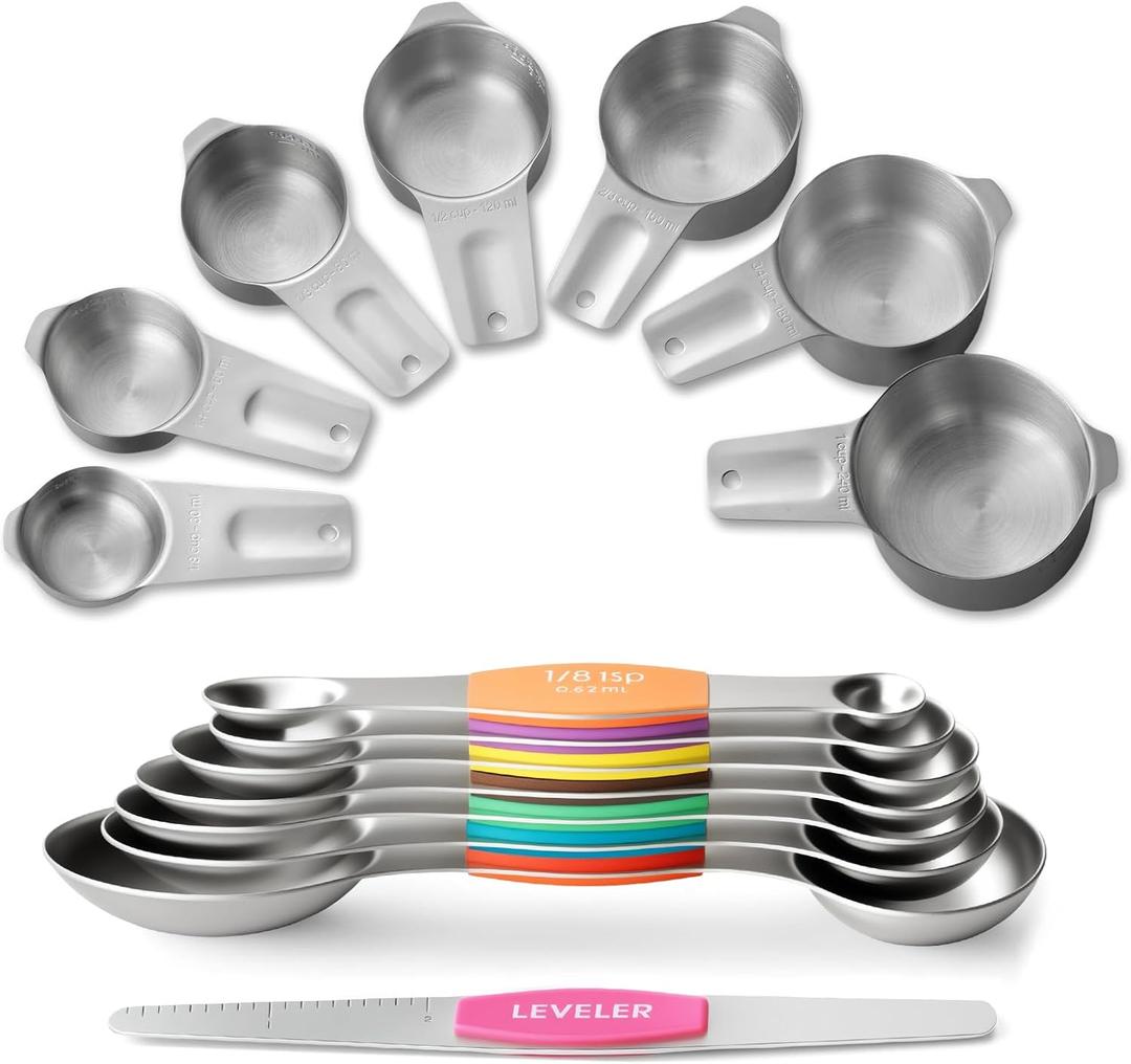 Stainless Steel Measuring Cups & Spoons Set, EWFEN Kitchen Tools Nesting Measuring Cups and Spoons, Fits in Spice Jars for Baking & Cooking, BPA Free, Set of 15 with Leveler, Multicolor
