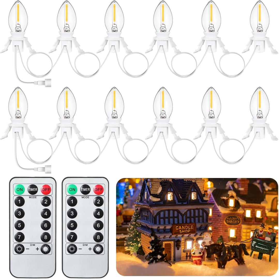 Retisee 2 Pcs Christmas Accessory Cord with 6 C7 LED Light Bulbs and Outlet 11.48 ft Village Light Accessory Cord with Remote Control for Christmas Village Houses Craft Decoration, White