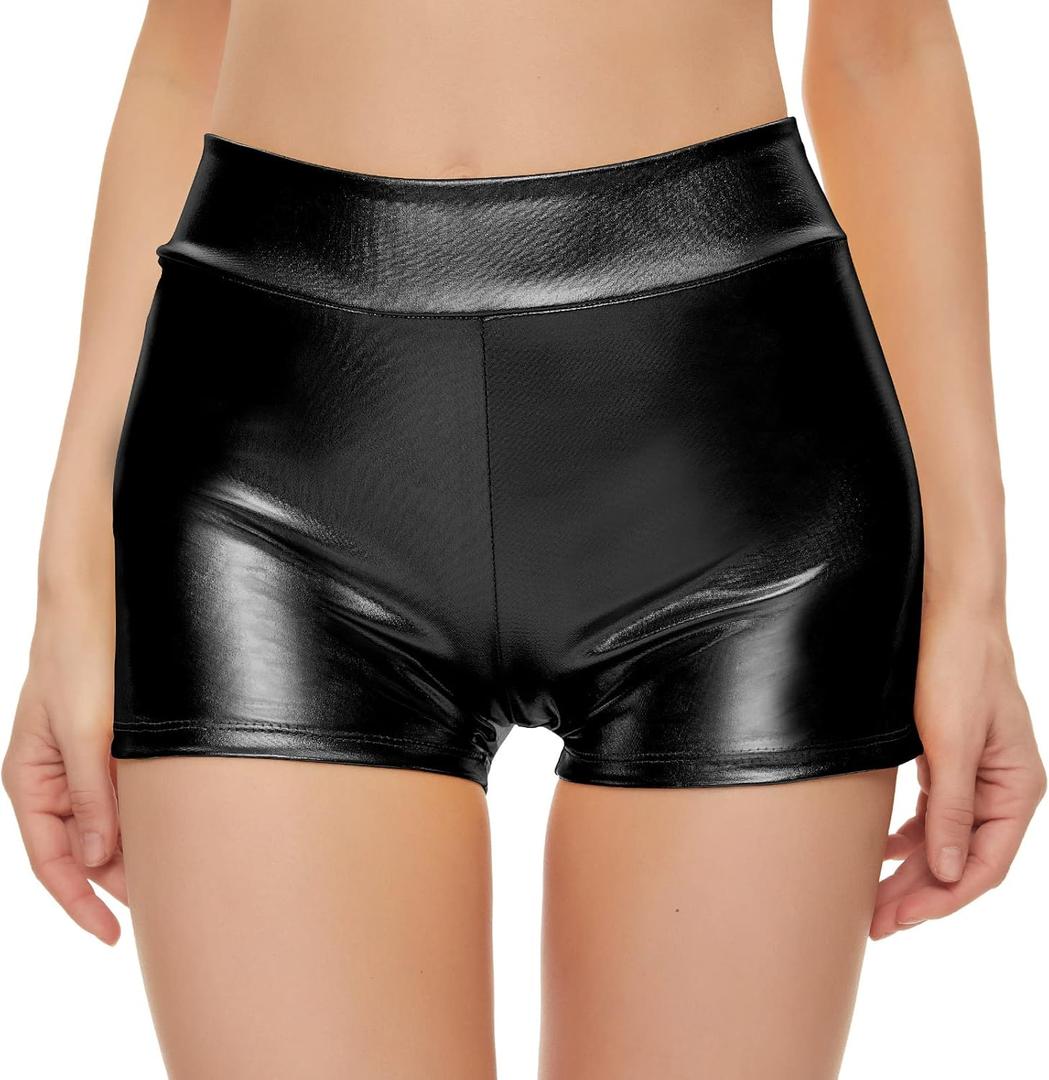 Kepblom Womens Metallic Booty Shorts High Waisted Shiny Rave Bottoms for Dance Festival Costumes (Large, Black)