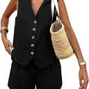 PRETTYGARDEN Women's Summer 2 Piece Outfits Sleeveless Matching Sets Button Down V Neck Vest Waistcoat and Pockets Shorts (Medium, Black)