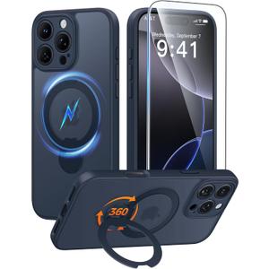 FNTCASE for iPhone 16 Pro-Max Case: [360 Spin Magnetic Stand] [Compatible with Magsafe] [Screen Protector] Translucent Matte Military Grade Shockproof Full Camera Protective Phone Cover - Deep Blue