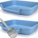 KittyGoHere Senior Cat Litter Box 2 Pack, Large Blue Low Entrance Kitty Litter Box, Sized for Cats Comfort, Perfect for Senior & Arthritic Cats, Made in USA, with Long-Handle Jumbo Scoop (Little Boy Blue)