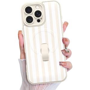 KANGHAR Compatible with iPhone 16 Pro Max Case, Support for MagSafe, Silicone Stripes Cute Pattern, Wristband Kickstand Camera Protection Soft Slim Cover for Girls Women -White