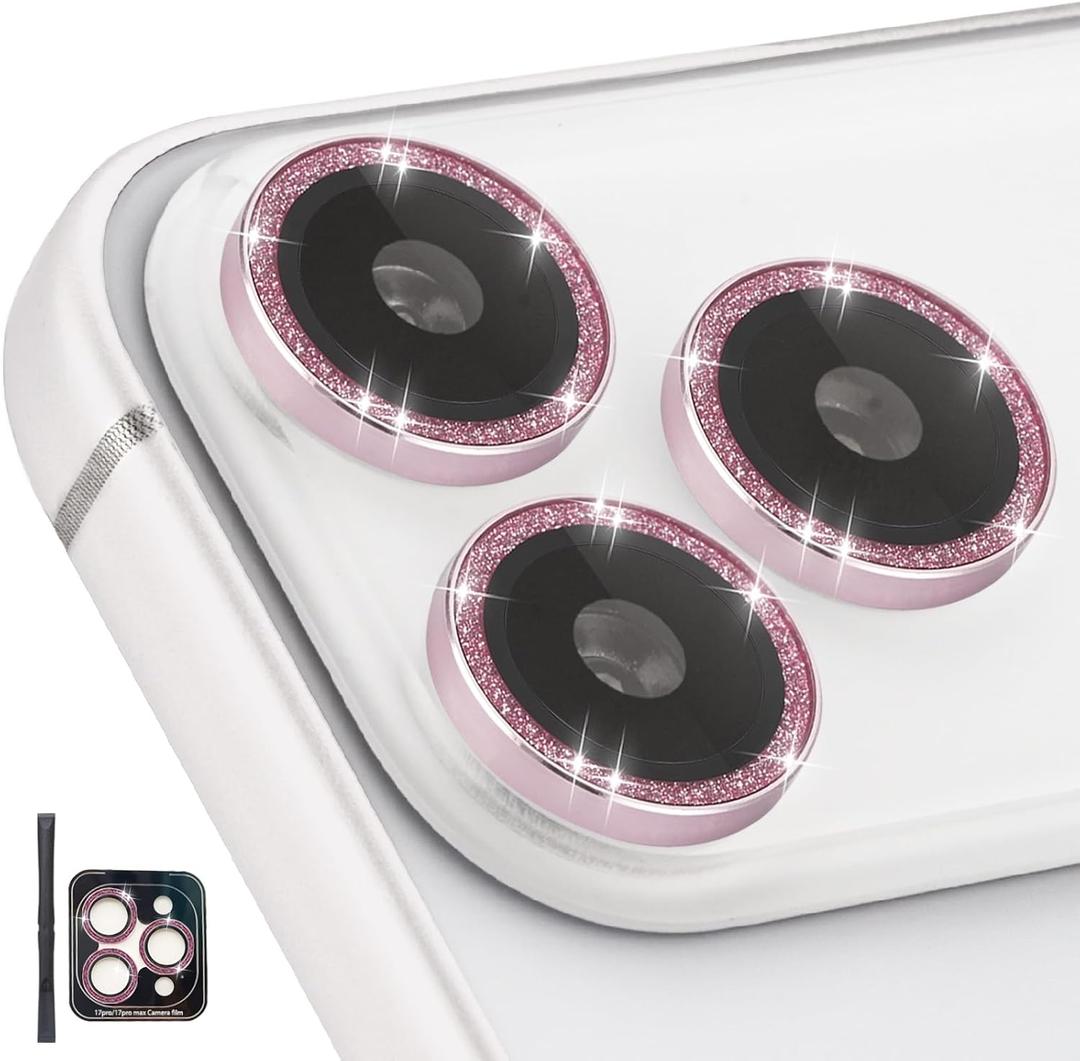 Camera Lens Protector for iPhone 17 Pro/17 Pro Max, Individual Tempered Glass Camera Protector with Installation Tray Fit for iPhone 17 Pro/17 Pro Max Glitter Pink