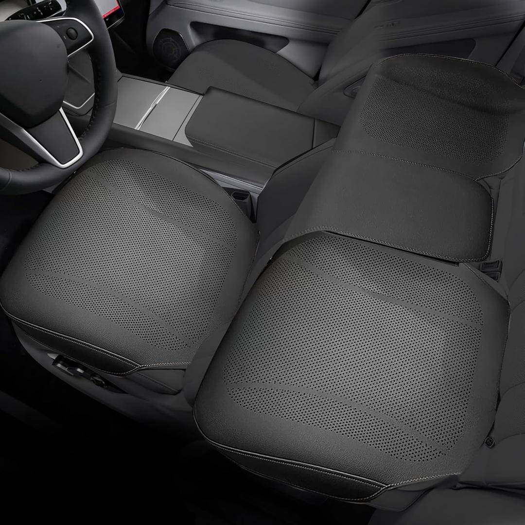 3 Packs Nappa Leather Front & Rear Seat Covers for Tesla Model Y/3 Highland/Juniper 2025 2026 Interior Accessories, Breathable All-Season Non-Slip Bottom Seat Protectors Cushion (Black)