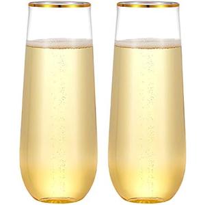 N9R 24PCS Plastic Champagne Flutes, 9 Oz Stemless Disposable Gold Rim Toasting Glasses, Crystal Clear Cocktail Cups Drinkware Shatterproof Ideal for Party Wedding Birthday