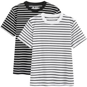 YIZUO ALTER Women's Striped Shirt Basic Short Sleeved Round Neck Striped T-Shirt, Casual Summer Clothing，2 Pack (Medium)
