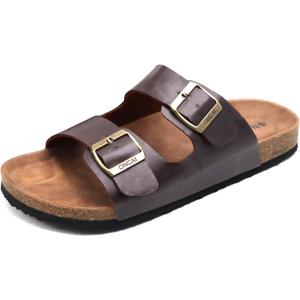 ONCAI Mens Sandals,Beach Slides Cork Footbed Slippers with Adjustable Buckle Straps (15, Dark Brown)