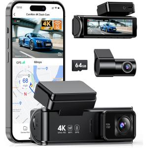 4K Dash Cam Front Rear:Dual Dash Camera for Car, 5GHz/2.4GHz Wi-Fi GPS Dashcam with Loop Recording 24H Parking Monitor Night Vision G-Sensor 170° View Angle APP Control and 64GB Card Gift