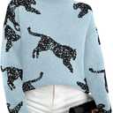WDIRARA Women's Leopard Tiger Print Sweater High Neck Long Sleeve Fuzzy Knitted Pullover Top (Large, Blue)