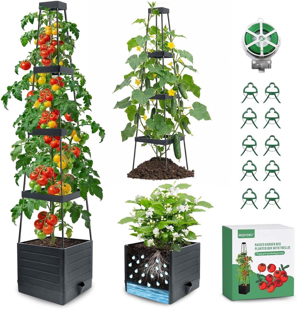 MQFORU 2Pack Raised Garden Bed Planter Boxes with Trellis, 57" Self-Watering Tomato Planter Boxes with Trellis for Climbing Vegetable and Plants, Tomato Cage for Indoor Outdoor Use