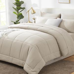 CozyLux Oversized Queen Comforter Sets Beige, 7 Pieces Bed in a Bag, Ultra-Soft All Season Bedding Sets with Stitch Quilted Comforter, Flat Sheet, Fitted Sheet, Pillowcases, Beige