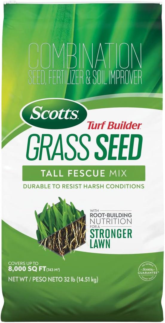 Scotts Turf Builder Grass Seed Tall Fescue Mix - Durable to Resist Harsh Conditions, Lawn Seed, Grass Fertilizer & Soil Improver, Covers up to 8,000 sq. ft., 32 lb. (EXP 12/03/27)