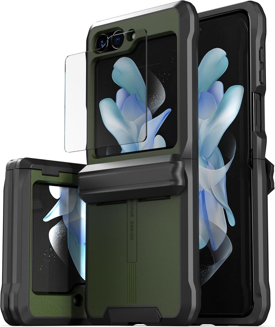 CaseBorne V Compatible with Samsung Galaxy Z Flip 5 Case - Rugged Protective Case with Semi-Auto Hinge Cover and Tempered Glass Screen Protector, [Made of Recycled Materials]