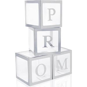 4 Pcs Prom Boxes with Letters 11.8 x 11.8 x 11.8 Inch Clear Balloon Boxes Transparent High School College Graduation Party Favors Supplies(Prom,Silver)