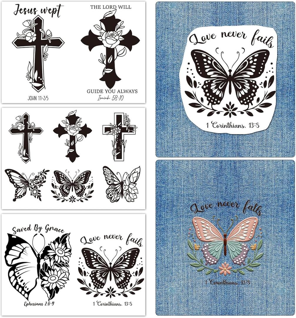 Rngmsi Water Soluble Embroidery Patterns - 3 Sheets Butterfly Cross Stick and Stitch Embroidery Designs, Christian Bible Flower Theme Wash Away Transfer Paper Stabilizers for Hand Sewing