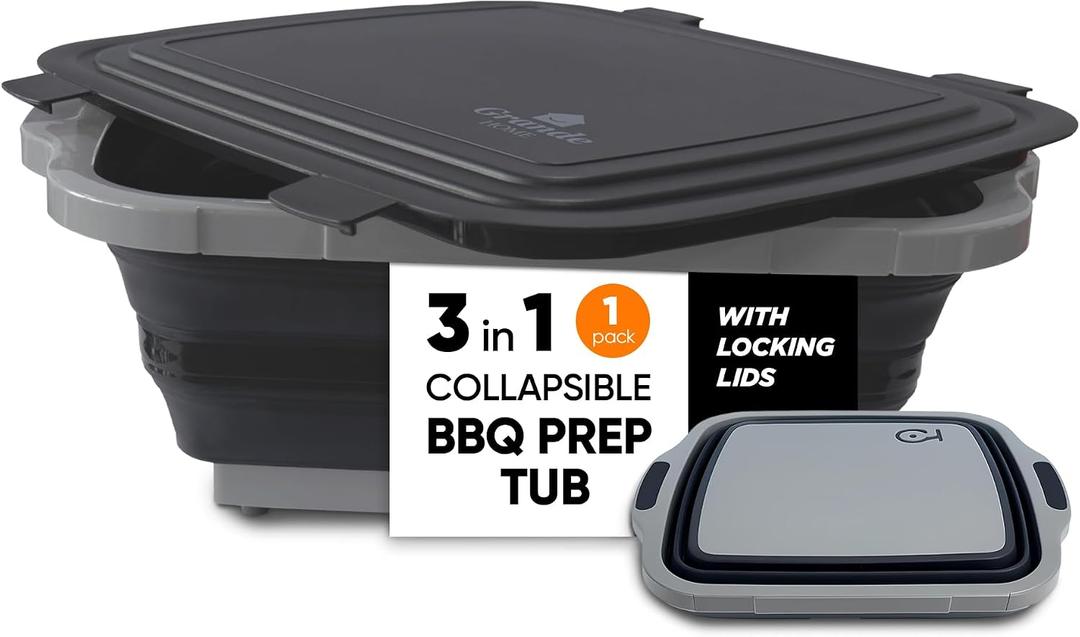 BBQ Prep Tub Collapsible X-Large with Cutting Board, Locking Lid Meal Prep Food Prep Containers with Lids for Resting Meat 3 Adjustable Height - Ideal for Camping, Picnic, Dish Basin