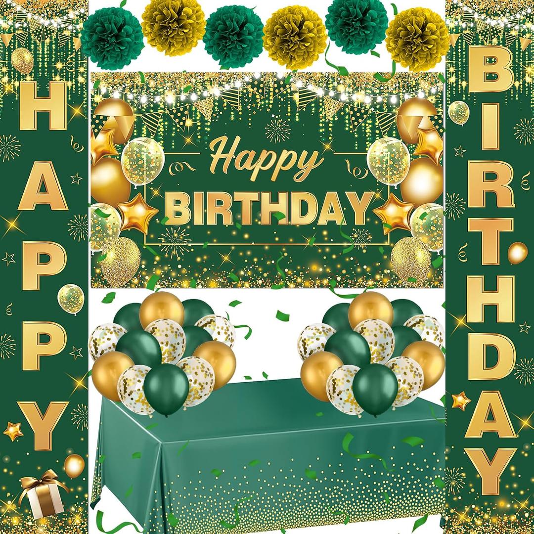 Green and Gold Birthday Decorations - Emerald Green and Gold Party Decor Include Happy Birthday Banner, Balloons, Porch Sign, Tablecloth, Paper Pom Poms