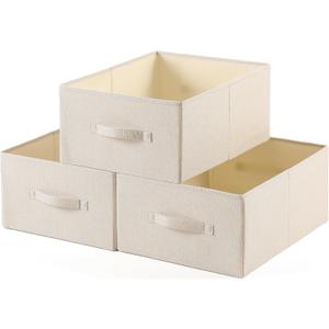 Linen Folding Storage Bins, 3 Pack Large Storage Baskets, Washable, Clothing Storage Bins with Handle, Closet Organizer for Storage Sweater,Sheets(Beige, 18"x13"x8")