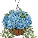 Hollyone Large Blue Hydrangea Artificial Flowers Arrangements in Hanging Basket 13" Fake Hanging Plants Flowers UV Resistant Silk Flower Plant Faux Hydrangea Flower with Pot Outdoor Indoor Decor