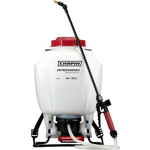 Chapin International 63924 4-gallon 24V Extended Spray Battery Backpack Sprayer, With Adjustable Brass Nozzle, 1-pack, Translucent White