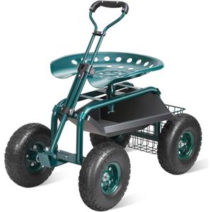 VEVOR Garden Cart Rolling Workseat with Wheels, Gardening Stool for Planting, 360 Degree Swivel Seat, Wagon Scooter with Steering Handle & Utility Tool Tray, Use for Patio, Yard, and Outdoors, Green
