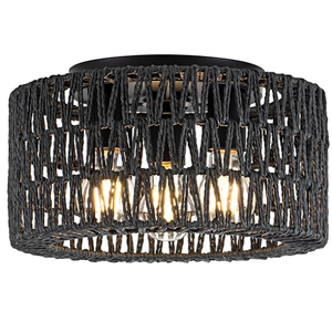 Rattan Ceiling Light Fixture, 3-Light Bohemian Modern Woven Ceiling Light, Black Boho Flush Mount Ceiling Light for Bedroom Living Room Dining Room, Bulb Not Included