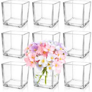 9 Pack Square Glass Vase 4" x 4" x 4", Clear Flower Vase for Centerpieces, Candle Holder for Wedding Party Events, Home Dcor