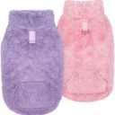 Idepet Fleece Dog Sweater Vest 2 Pack, Small Dog Clothes Sleeveless with Leash Ring and Pocket, Warm Puppy Sweatshirt Pet Cold Weather Pullover for Cats (Pink+Purple, X-Large)