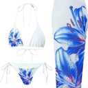 ZAFUL Womens 3pcs Swimsuit Floral Halter Triangle Bikini Top Tie Side Bottom with Long Sheer Cover Up Skirt (L)
