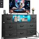 WLIVE Black Dresser TV Stand for 45, 50, 55 inch TV, Entertainment Center with LED Lights & Charging Station, Chest of Drawers with 8 Fabric Drawers and Open Shelves for Living Room, Hallway, Wood Top