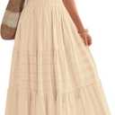 BTFBM Womens Summer 2026 Casual Midi Maxi Dresses Lightweight Short Sleeve V Neck Elastic Waist Boho Beach Dress Pockets (Apricot, Medium)