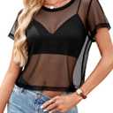 Avanova Women Mesh Sheer Crop Tops See Through Short Sleeve Shirts Loose Sexy Clubwear Black Medium