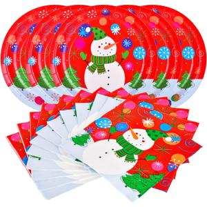 Gatherfun Christmas Party Supplies Christmas Snowman Disposable Paper Dinner Plates and Napkins for Party decorations, Serve 20