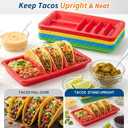 Uiifan 12 Pcs Colorful Plastic Taco Plates for Birthday Party with Stand up Divider for 3 Tacos and 2 Dipping Areas Trays for Mexican Party Fiesta Microwave Dishwasher Safe