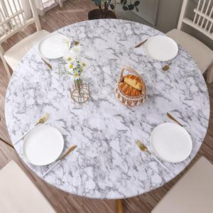 Round Vinyl Fitted Tablecloth with Flannel Backing Elastic Edge Design Table Cover Waterproof Oil-Proof PVC Table Cloth Stain-Resistant Best for 32"-36" Round (Marble)