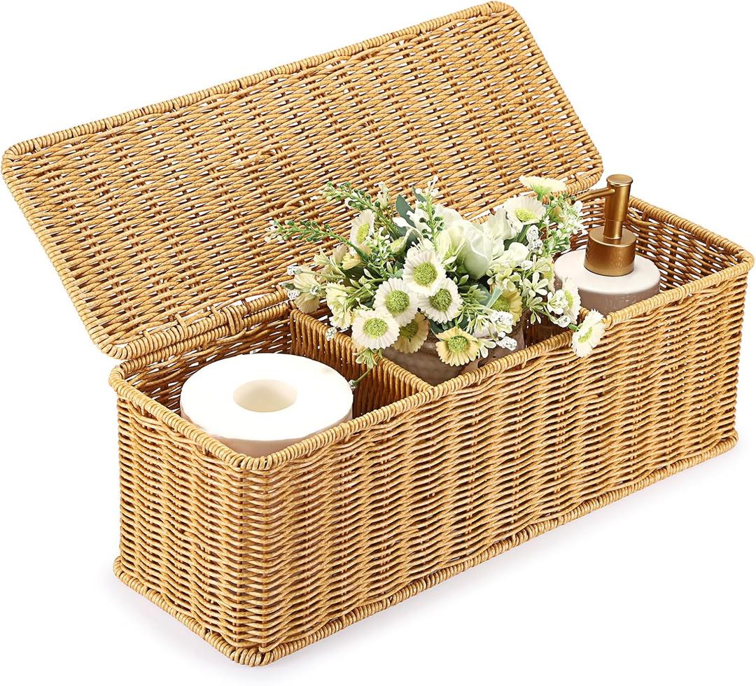 Sumnacon Wicker Storage Basket with Lid, Rectangular Narrow Baskets for Bathroom, Farmhouse Imitation Rattan Bin with Dividers, Decorative Handwoven Tray Organizer for Countertop Shelves Toilet Tank (Large, Yellow)