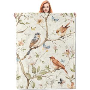 Birds and Butterflies Throw Blanket Gifts, Soft Cozy Fleece Blanket with Nature Floral Print, Blanket for Couch Bed Sofa, Perfect for Nature Lovers and Spring Decor, 50x60 in (Color327)
