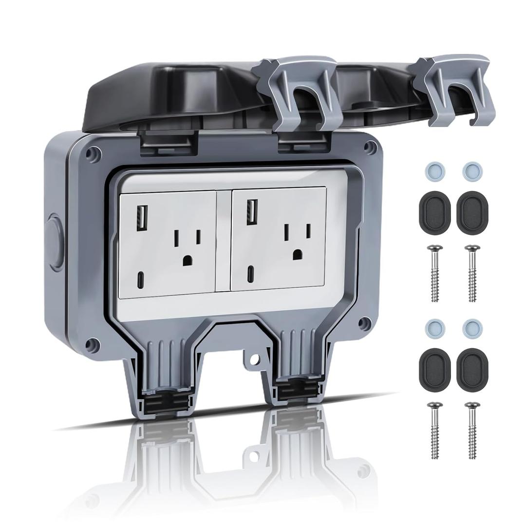 Outdoor Power Outlet IP66 Waterproof Power Socket, 15A 110-250V Outdoor Plug Socket with Type C & USB Ports, Lockable Electrical Outlet with Clear Cover for Garden Outdoor Indoor Wall