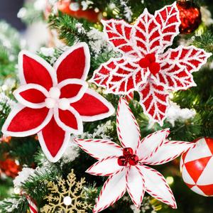 Bucherry 12 Pcs Red and White Christmas Ornaments Tree Decorations, Silk Christmas Poinsettia Artificial Flowers with Clips Stems for Xmas Tree Wreath Garland Party Decor