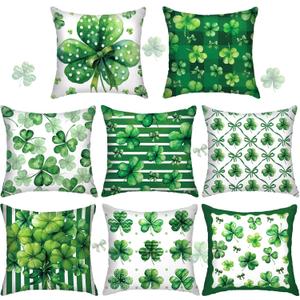8 Pcs 18x18 Inch St. Patrick Pillow Covers St. Patrick Decor Throw Pillow Covers Set of 8 Green Irish Shamrock Decorative Couch Cushion Pillowcase Room Bedroom Sofa Holiday Decor